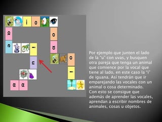 Por ejemplo que junten el lado de la “u” con uvas, y busquen otra pareja que tenga un animal que comience por la vocal que tiene al lado, en este caso la “i” de iguana. Así tendrán que ir emparejando las vocales con un animal o cosa determinado.Con esto se consigue que además de aprender las vocales, aprendan a escribir nombres de animales, cosas u objetos.