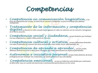 Competencias Competencia en comunicación lingüística ,  a la hora de enseñarlos las vocales, la letra de la canción o comentar un poco el trabajo que estamos realizando. Tratamiento de la información y competencia digital , se llevara a cabo cuando les pongamos el video en relación con la canción o pongamos el CD de la canción.   Competencia social y ciudadana,  ya que tendrán que trabajar con sus compañeros y cantar todos juntos la canción.   Competencia cultural y artística,  porque deberemos fomentar con estos contenidos la creación de otras actividades como bailes, tocar instrumentos, etc. Competencia de aprende a aprender,  ya que juntos debemos motivarnos unos a otros para conseguir que todos alcancemos los objetivos planteados. Autonomía e iniciativa personal  porque todos deberán de tener predisposición por trabajar los contenidos y ser participativos en las actividades. Competencia emocional,  ya que en todas las actividades que realicemos se debe tener muy en cuenta las emociones o sentimientos que producen en los niños.   
