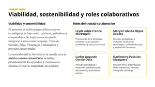ROLES DEL EQUIPO
Viabilidad, sostenibilidad y roles colaborativos
Viabilidad y sostenibilidad
El proyecto es viable porque utiliza recursos
tecnológicos de bajo costo: celulares, grabadoras y
computadores. Su implementación puede
integrarse a áreas como Lenguaje, Ciencias
Sociales, Ética, Tecnología e Informática y
proyectos transversales.
La sostenibilidad se fortalece si la escuela crea un
archivo sonoro comunitario, actualiza
periódicamente los episodios y vincula a las
familias en nuevas temporadas del pódcast.
Roles del trabajo colaborativo
Leydi Lubia Franco
Marroquín
Proponente de la idea base:
contexto rural, situación
problémica y estructura inicial.
Maryori Aleida Hoyos
Zapata
Revisión pedagógica e
inclusión: innovación
tecnológica, calidad educativa
y evaluación formativa.
Carlos Augusto
Osorio Ossa
Revisión conceptual y
redacción: coherencia del
documento y articulación
teórica.
Darlintong Palacios
Mosquera
Revisión APA y presentación
final: referencias, formato,
ortografía y entrega.
 