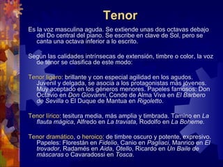 Tenor
Es la voz masculina aguda. Se extiende unas dos octavas debajo
   del Do central del piano. Se escribe en clave de Sol, pero se
   canta una octava inferior a lo escrito.

Según las calidades intrínsecas de extensión, timbre o color, la voz
  de tenor se clasifica de este modo:

Tenor ligero: brillante y con especial agilidad en los agudos.
      ligero
  Juvenil y delgada, se asocia a los protagonistas más jóvenes.
  Muy aceptado en los géneros menores. Papeles famosos: Don
  Octavio en Don Giovanni, Conde de Alma Viva en El Barbero
  de Sevilla o El Duque de Mantua en Rigoletto.

Tenor lírico: tesitura media, más amplia y timbrada. Tamino en La
      lírico
  flauta mágica, Alfredo en La traviata, Rodolfo en La Boheme.

Tenor dramático, o heroico: de timbre oscuro y potente, expresivo.
      dramático heroico
  Papeles: Florestán en Fidelio, Canio en Pagliaci, Manrico en El
  trovador, Radamés en Aida, Otello, Ricardo en Un Baile de
  máscaras o Cavaradossi en Tosca.
 