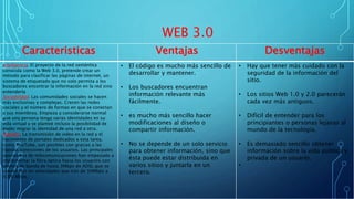 WEB 3.0
Caracteristicas Ventajas Desventajas
Inteligencia. El proyecto de la red semántica
conocida como la Web 3.0, prete...