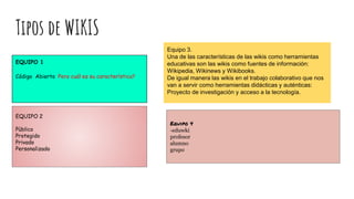 Tipos de WIKIS
EQUIPO 1
Código Abierto Pero cuál es su característica?
EQUIPO 2
Pùblico
Protegido
Privado
Personalizado
Equipo 3.
Una de las características de las wikis como herramientas
educativas son las wikis como fuentes de información:
Wikipedia, Wikinews y Wikibooks.
De igual manera las wikis en el trabajo colaborativo que nos
van a servir como herramientas didácticas y auténticas:
Proyecto de investigación y acceso a la tecnología.
Equipo 4
-eduwki
profesor
alumno
grupo
 