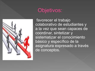 favorecer el trabajo
colaborativo de estudiantes y
a la vez que sean capaces de
coordinar, sintetizar y
sistematizar el conocimiento
básico y específico de la
asignatura expresado a través
de conceptos.
 