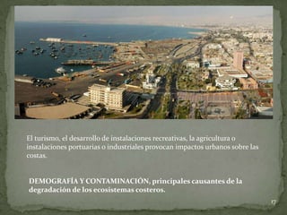 17
El turismo, el desarrollo de instalaciones recreativas, la agricultura o
instalaciones portuarias o industriales provocan impactos urbanos sobre las
costas.
DEMOGRAFÍA Y CONTAMINACIÓN, principales causantes de la
degradación de los ecosistemas costeros.
 