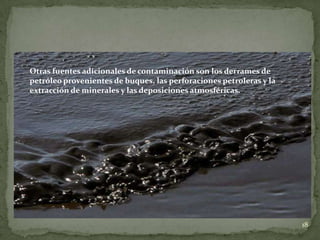 18
Otras fuentes adicionales de contaminación son los derrames de
petróleo provenientes de buques, las perforaciones petroleras y la
extracción de minerales y las deposiciones atmosféricas.
 
