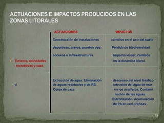 ACTUACIONES IMPACTOS
Construcción de instalaciones cambios en el uso del suelo
deportivas, playas, puertos dep. Pérdida de biodiversidad
accesos e infraestructuras. Impacto visual, cambios
 Turismo, actividades en la dinámica litoral.
recreativas y caza
Extracción de agua. Eliminación descenso del nivel freático
d de aguas residuales y de RS. Intrusión del agua de mar
Cotos de caza en los acuíferos. Contami
nación de las aguas.
Eutrofización. Acumulación
de Pb en cad. tróficas
23
 