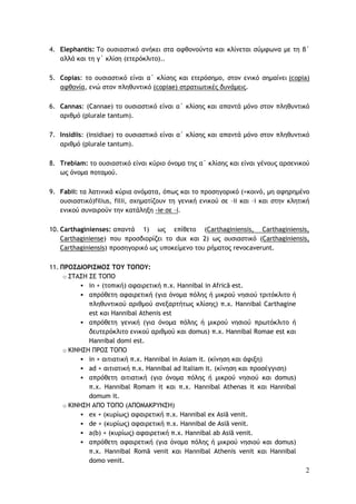 2
4. Elephantis: Το ουσιαστικό ανήκει στα αφθονούντα και κλίνεται σύμφωνα με τη β΄
αλλά και τη γ΄ κλίση (ετερόκλιτο)..
5. Copias: το ουσιαστικό είναι α΄ κλίσης και ετερόσημο, στον ενικό σημαίνει (copia)
αφθονία, ενώ στον πληθυντικό (copiae) στρατιωτικές δυνάμεις.
6. Cannas: (Cannae) το ουσιαστικό είναι α΄ κλίσης και απαντά μόνο στον πληθυντικό
αριθμό (plurale tantum).
7. Insidiis: (insidiae) το ουσιαστικό είναι α΄ κλίσης και απαντά μόνο στον πληθυντικό
αριθμό (plurale tantum).
8. Trebiam: το ουσιαστικό είναι κύριο όνομα της α΄ κλίσης και είναι γένους αρσενικού
ως όνομα ποταμού.
9. Fabii: τα λατινικά κύρια ονόματα, όπως και το προσηγορικό (=κοινό, μη αφηρημένο
ουσιαστικό)filius, filii, σχηματίζουν τη γενική ενικού σε –ii και –i και στην κλητική
ενικού συναιρούν την κατάληξη -ie σε –i.
10. Carthaginienses: απαντά 1) ως επίθετο (Carthaginiensis, Carthaginiensis,
Carthaginiense) που προσδιορίζει το dux και 2) ως ουσιαστικό (Carthaginiensis,
Carthaginiensis) προσηγορικό ως υποκείμενο του ρήματος revocaverunt.
11. ΠΡΟΣΔΙΟΡΙΣΜΟΣ ΤΟΥ ΤΟΠΟΥ:
o ΣΤΑΣΗ ΣΕ ΤΟΠΟ
 in + (τοπική) αφαιρετική π.χ. Hannibal in Africā est.
 απρόθετη αφαιρετική (για όνομα πόλης ή μικρού νησιού τριτόκλιτο ή
πληθυντικού αριθμού ανεξαρτήτως κλίσης) π.χ. Hannibal Carthagine
est και Hannibal Athenis est
 απρόθετη γενική (για όνομα πόλης ή μικρού νησιού πρωτόκλιτο ή
δευτερόκλιτο ενικού αριθμού και domus) π.χ. Hannibal Romae est και
Hannibal domi est.
o ΚΙΝΗΣΗ ΠΡΟΣ ΤΟΠΟ
 in + αιτιατική π.χ. Hannibal in Asiam it. (κίνηση και άφιξη)
 ad + αιτιατική π.χ. Hannibal ad Italiam it. (κίνηση και προσέγγιση)
 απρόθετη αιτιατική (για όνομα πόλης ή μικρού νησιού και domus)
π.χ. Hannibal Romam it και π.χ. Hannibal Athenas it και Hannibal
domum it.
o ΚΙΝΗΣΗ ΑΠΟ ΤΟΠΟ (ΑΠΟΜΑΚΡΥΝΣΗ)
 ex + (κυρίως) αφαιρετική π.χ. Hannibal ex Asiā venit.
 de + (κυρίως) αφαιρετική π.χ. Hannibal de Asiā venit.
 a(b) + (κυρίως) αφαιρετική π.χ. Hannibal ab Asiā venit.
 απρόθετη αφαιρετική (για όνομα πόλης ή μικρού νησιού και domus)
π.χ. Hannibal Romā venit και Hannibal Athenis venit και Hannibal
domo venit.
 