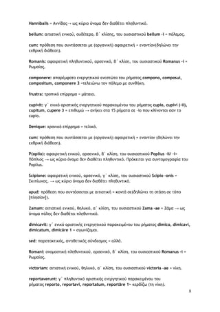8
Hannibalis = Αννίβας→ ως κύριο όνομα δεν διαθέτει πληθυντικό.
bellum: αιτιατική ενικού, ουδέτερο, β΄ κλίσης, του ουσιαστικού bellum –i = πόλεμος.
cum: πρόθεση που συντάσσεται με (οργανική) αφαιρετική = εναντίον(δηλώνει την
εχθρική διάθεση).
Romanis: αφαιρετική πληθυντικού, αρσενικό, β΄ κλίση, του ουσιαστικού Romanus –i =
Ρωμαίος.
componere: απαρέμφατο ενεργητικού ενεστώτα του ρήματος compono, composui,
compositum, componere 3 =τελειώνω τον πόλεμο με συνθήκη.
frustra: τροπικό επίρρημα = μάταια.
cupivit: γ΄ ενικό οριστικής ενεργητικού παρακειμένου του ρήματος cupio, cupivi (-ii),
cupitum, cupere 3 = επιθυμώ → ανήκει στα 15 ρήματα σε –io που κλίνονται σαν το
capio.
Denique: χρονικό επίρρημα = τελικά.
cum: πρόθεση που συντάσσεται με (οργανική) αφαιρετική = εναντίον (δηλώνει την
εχθρική διάθεση).
P(opliο): αφαιρετική ενικού, αρσενικό, β΄ κλίση, του ουσιαστικού Poplius –ii/ -i=
Πόπλιος → ως κύριο όνομα δεν διαθέτει πληθυντικό. Πρόκειται για συντομογραφία του
Poplius.
Scipione: αφαιρετική ενικού, αρσενικό, γ΄ κλίση, του ουσιαστικού Scipio -onis =
Σκιπίωνας. → ως κύριο όνομα δεν διαθέτει πληθυντικό.
apud: πρόθεση που συντάσσεται με αιτιατική = κοντά σε(δηλώνει τη στάση σε τόπο
[πλησίον]).
Zamam: αιτιατική ενικού, θηλυκό, α΄ κλίση, του ουσιαστικού Zama –ae = Ζάμα → ως
όνομα πόλης δεν διαθέτει πληθυντικό.
dimicavit: γ΄ ενικό οριστικής ενεργητικού παρακειμένου του ρήματος dimico, dimicavi,
dimicatum, dimicāre 1 = αγωνίζομαι.
sed: παρατακτικός, αντιθετικός σύνδεσμος = αλλά.
Romani: ονομαστική πληθυντικού, αρσενικό, β΄ κλίση, του ουσιαστικού Romanus –i =
Ρωμαίος.
victoriam: αιτιατική ενικού, θηλυκό, α΄ κλίση, του ουσιαστικού victoria –ae = νίκη.
reportaverunt: γ΄ πληθυντικό οριστικής ενεργητικού παρακειμένου του
ρήματος reporto, reportavi, reportatum, reportāre 1= κερδίζω (τη νίκη).
 