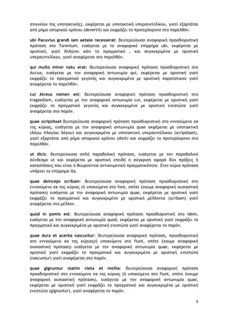 9
στοιχείου της υποτακτικής), εκφέρεται με υποτακτική υπερσυντελίκου, γιατί εξαρτάται
από ρήμα ιστορικού χρόνου (devertit) και εκφράζει το προτερόχρονο στο παρελθόν.
ubi Pacuvius grandi iam aetate recesserat: δευτερεύουσα αναφορική προσδιοριστική
πρόταση στο Tarentum, εισάγεται με το αναφορικό επίρρημα ubi, εκφέρεται με
οριστική, γιατί δηλώνει κάτι το πραγματικό , και συγκεκριμένα με οριστική
υπερσυντελίκου, γιατί αναφέρεται στο παρελθόν.
qui multo minor natu erat: δευτερεύουσα αναφορική πρόταση προσδιοριστική στο
Accius, εισάγεται με την αναφορική αντωνυμία qui, εκφέρεται με οριστική γιατί
εκφράζει το πραγματικό γεγονός και συγκεκριμένα με οριστική παρατατικού γιατί
αναφέρεται το παρελθόν.
cui Atreus nomen est: δευτερεύουσα αναφορική πρόταση προσδιοριστική στο
tragoediam, εισάγεται με την αναφορική αντωνυμία cui, εκφέρεται με οριστική γιατί
εκφράζει το πραγματικό γεγονός και συγκεκριμένα με οριστική ενεστώτα γιατί
αναφέρεται στο παρόν.
quae scripsīsset δευτερεύουσα αναφορική πρόταση προσδιοριστική στο εννοούμενο ea
της κύριας, εισάγεται με την αναφορική αντωνυμία quae εκφέρεται με υποτακτική
(λόγω πλαγίου λόγου) και συγκεκριμένα με υποτακτική υπερσυντέλικου (scripsīsset),
γιατί εξαρτάται από ρήμα ιστορικού χρόνου (dixit) και εκφράζει το προτερόχρονο στο
παρελθόν.
ut dicis: δευτερεύουσα απλή παραβολική πρόταση, εισάγεται με τον παραβολικό
σύνδεσμο ut και εκφέρεται με οριστική επειδή η σύγκριση αφορά δύο πράξεις ή
καταστάσεις που είναι ή θεωρούνται αντικειμενική πραγματικότητα. Στην κύρια πρόταση
υπάρχει το επίρρημα ita.
quae deinceps scribam: δευτερεύουσα αναφορική πρόταση προσδιοριστική στο
εννοούμενο ea της κύριας (ή υποκείμενο στο fore, οπότε έχουμε αναφορική ουσιαστική
πρόταση) εισάγεται με την αναφορική αντωνυμία quae, εκφέρεται με οριστική γιατί
εκφράζει το πραγματικό και συγκεκριμένα με οριστική μέλλοντα (scribam) γιατί
αναφέρεται στο μέλλον.
quod in pomis est: δευτερεύουσα αναφορική πρόταση προσδιοριστική στο idem,
εισάγεται με την αναφορική αντωνυμία quod, εκφέρεται με οριστική γιατί εκφράζει το
πραγματικό και συγκεκριμένα με οριστική ενεστώτα γιατί αναφέρεται το παρόν.
quae dura et acerba nascuntur: δευτερεύουσα αναφορική πρόταση, προσδιοριστική
στο εννοούμενο ea της κύριας(ή υποκείμενο στο fiunt, οπότε έχουμε αναφορική
ουσιαστική πρόταση) εισάγεται με την αναφορική αντωνυμία quae, εκφέρεται με
οριστική γιατί εκφράζει το πραγματικό και συγκεκριμένα με οριστική ενεστώτα
(nascuntur) γιατί αναφέρεται στο παρόν.
quae gignuntur statim vieta et mollia: δευτερεύουσα αναφορική πρόταση
προσδιοριστική στο εννοούμενο ea της κύριας (ή υποκείμενο στο fiunt, οπότε έχουμε
αναφορική ουσιαστική πρόταση), εισάγεται με την αναφορική αντωνυμία quae,
εκφέρεται με οριστική γιατί εκφράζει το πραγματικό και συγκεκριμένα με οριστική
ενεστώτα (gignuntur), γιατί αναφέρεται το παρόν.
 