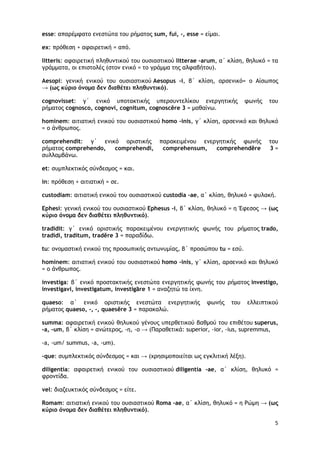 5
esse: απαρέμφατο ενεστώτα του ρήματος sum, fui, -, esse = είμαι.
ex: πρόθεση + αφαιρετική = από.
litteris: αφαιρετική πληθυντικού του ουσιαστικού litterae -arum, α΄ κλίση, θηλυκό = τα
γράμματα, οι επιστολές (στον ενικό = το γράμμα της αλφαβήτου).
Aesopi: γενική ενικού του ουσιαστικού Aesopus -i, β΄ κλίση, αρσενικό= ο Αίσωπος
→ (ως κύριο όνομα δεν διαθέτει πληθυντικό).
cognovisset: γ΄ ενικό υποτακτικής υπερσυντελίκου ενεργητικής φωνής του
ρήματος cognosco, cognovi, cognitum, cognoscĕre 3 = μαθαίνω.
hominem: αιτιατική ενικού του ουσιαστικού homo -inis, γ΄ κλίση, αρσενικό και θηλυκό
= ο άνθρωπος.
comprehendit: γ΄ ενικό οριστικής παρακειμένου ενεργητικής φωνής του
ρήματος comprehendo, comprehendi, comprehensum, comprehendĕre 3 =
συλλαμβάνω.
et: συμπλεκτικός σύνδεσμος = και.
in: πρόθεση + αιτιατική = σε.
custodiam: αιτιατική ενικού του ουσιαστικού custodia -ae, α΄ κλίση, θηλυκό = φυλακή.
Ephesi: γενική ενικού του ουσιαστικού Ephesus -i, β΄ κλίση, θηλυκό = η Έφεσος → (ως
κύριο όνομα δεν διαθέτει πληθυντικό).
tradidit: γ΄ ενικό οριστικής παρακειμένου ενεργητικής φωνής του ρήματος trado,
tradidi, traditum, tradĕre 3 = παραδίδω.
tu: ονομαστική ενικού της προσωπικής αντωνυμίας, β΄ προσώπου tu = εσύ.
hominem: αιτιατική ενικού του ουσιαστικού homo -inis, γ΄ κλίση, αρσενικό και θηλυκό
= ο άνθρωπος.
investiga: β΄ ενικό προστακτικής ενεστώτα ενεργητικής φωνής του ρήματος investigo,
investigavi, investigatum, investigāre 1 = αναζητώ τα ίχνη.
quaeso: α΄ ενικό οριστικής ενεστώτα ενεργητικής φωνής του ελλειπτικού
ρήματος quaeso, -, -, quaesĕre 3 = παρακαλώ.
summa: αφαιρετική ενικού θηλυκού γένους υπερθετικού βαθμού του επιθέτου superus,
-a, -um, β΄ κλίση = ανώτερος, -η, -ο → (Παραθετικά: superior, -ior, -ius, supremmus,
-a, -um/ summus, -a, -um).
-que: συμπλεκτικός σύνδεσμος = και → (χρησιμοποιείται ως εγκλιτική λέξη).
diligentia: αφαιρετική ενικού του ουσιαστικού diligentia -ae, α΄ κλίση, θηλυκό =
φροντίδα.
vel: διαζευκτικός σύνδεσμος = είτε.
Romam: αιτιατική ενικού του ουσιαστικού Roma -ae, α΄ κλίση, θηλυκό = η Ρώμη → (ως
κύριο όνομα δεν διαθέτει πληθυντικό).
 