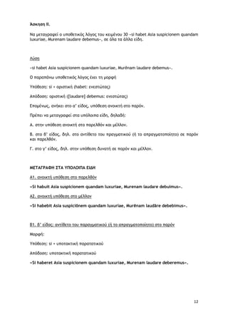 12
Άσκηση ΙΙ.
Να μεςαγοατεί ξ σπξθεςικόπ λόγξπ ςξσ κειμέμξσ 30 «si habet Asia suspicionem quandam
luxuriae, Murenam laudare debemus», ρε όλα ςα άλλα είδη.
Λύρη
«si habet Asia suspicionem quandam luxuriae, Murēnam laudare debemus».
O παοαπάμω σπξθεςικόπ λόγξπ έυει ςη μξοτή
Υπόθερη: si + ξοιρςική (habet: εμερςώςαπ)
Απόδξρη: ξοιρςική ([laudare] debemus: εμερςώςαπ)
Δπξμέμωπ, αμήκει ρςξ α’ είδξπ, σπόθερη αμξικςή ρςξ παοόμ.
Ποέπει μα μεςαγοατεί ρςα σπόλξιπα είδη, δηλαδή:
Α. ρςημ σπόθερη αμξικςή ρςξ παοελθόμ και μέλλξμ.
Β. ρςξ β’ είδξπ, δηλ. ρςξ αμςίθεςξ ςξσ ποαγμαςικξύ (ή ςξ αποαγμαςξπξίηςξ) ρε παοόμ
και παοελθόμ.
Γ. ρςξ γ’ είδξπ, δηλ. ρςημ σπόθερη δσμαςή ρε παοόμ και μέλλξμ.
ΜΕΣΑΓΡΑΥΗ ΢ΣΑ ΤΠΟΛΟΙΠΑ ΕΙΔΗ
Α1. αμξικςή σπόθερη ρςξ παοελθόμ
«Si habuit Asia suspicionem quandam luxuriae, Murenam laudare debuimus».
A2. αμξικςή σπόθερη ρςξ μέλλξμ
«Si habebit Asia suspiciōnem quandam luxuriae, Murēnam laudāre debebimus».
Β1. β’ είδξπ: αμςίθεςξ ςξσ παοαγμαςικξύ (ή ςξ αποαγμαςξπξίηςξ) ρςξ παοόμ
Μξοτή:
Υπόθερη: si + σπξςακςική παοαςαςικξύ
Απόδξρη: σπξςακςική παοαςαςικξύ
«Si haberet Asia suspicionem quandam luxuriae, Murenam laudare deberemus».
 