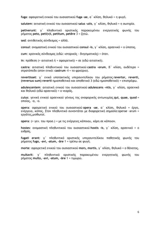 6
fuga: αφαιρετική ενικού του ουσιαστικού fuga -ae, α΄ κλίση, θηλυκό = η φυγή.
salutem: αιτιατική ενικού του ουσιαστικού salus -utis, γ΄ κλίση, θηλυκό = η σωτηρία.
petiverunt: γ΄ πληθυντικό οριστικής παρακειμένου ενεργητικής φωνής του
ρήματος peto, peti(v)i, petitum, petĕre 3 = ζητώ.
sed: αντιθετικός σύνδεσμος = αλλά.
consul: ονομαστική ενικού του ουσιαστικού consul -is, γ΄ κλίση, αρσενικό = ο ύπατος.
cum: χρονικός σύνδεσμος (εδώ: ιστορικός - διηγηματικός) = όταν.
in: πρόθεση (+ αιτιατική ή + αφαιρετική) = σε (εδώ αιτιατική).
castra: αιτιατική πληθυντικού του ουσιαστικού castra -orum, β΄ κλίση, ουδέτερο =
στρατόπεδο (στον ενικό: castrum -i = το φρούριο).
revertisset: γ΄ ενικό υποτακτικής υπερσυντελίκου του ρήματος revertor, reverti,
(reversus sum) reverti ημιαποθετικό και αποθετικό 3 (εδώ ημιαποθετικό) = επιστρέφω.
adulescentem: αιτιατική ενικού του ουσιαστικού adulescens -ntis, γ΄ κλίση, αρσενικό
και θηλυκό (εδώ αρσενικό) = ο νεαρός.
cuius: γενική ενικού αρσενικού γένους της αναφορικής αντωνυμίας qui, quae, quod =
οποίος, -α, -ο.
opera: αφαιρετική ενικού του ουσιαστικού opera -ae, α΄ κλίση, θηλυκό = έργο,
ενέργεια, κόπος. Στον πληθυντικό συναντάται με διαφορετική σημασία:operae -arum =
εργάτες,μισθωτοί.
opera: (+ γεν. του προσ.) = με τις ενέργειες κάποιου, χάρη σε κάποιον.
hostes: ονομαστική πληθυντικού του ουσιαστικού hostis -is, γ΄ κλίση, αρσενικό = ο
εχθρός.
fugati erant: γ΄ πληθυντικό οριστικής υπερσυντελίκου παθητικής φωνής του
ρήματος fugo, -avi, -atum, -āre 1 = τρέπω σε φυγή.
morte: αφαιρετική ενικού του ουσιαστικού mors, mortis, γ΄ κλίση, θηλυκό = ο θάνατος.
multavit: γ΄ πληθυντικό οριστικής παρακειμένου ενεργητικής φωνής του
ρήματος multo, -avi, -atum, -āre 1 = τιμωρώ.
 