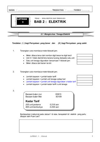 LATIHAN 3 : Elektrik 1
TERAS : REKA BENTUK DAN TEKNOLOGI
BAB 2 : ELEKTRIK
Tandakan (√ ) bagi Pernyataan yang benar dan (X ) bagi Pernyataan yang salah
1. Terangkan cara membaca meter kilowatt jam.
 Meter dibaca terus dari nombor digit besar ke digit kecil
 Unit 0.1 tidak diambil kira kerana kurang daripada satu unit
 Satu unit tenaga digunakan bersamaan 1 kilowatt jam
 Meter dibaca dari kanan ke kiri
2. Terangkan cara membaca meter kilowatt jam.
 Jumlah bayaran = jumlah kadar tariff
 Jumlah bayaran = jumlah unit tenaga setiap hari
 Jumlah bayaran = jumlah unit tenaga digunakan x kadar tarif
 Jumlah bayaran = jumlah kadar tariff x unit tenaga
3.
Berdasarkan maklumat pada Jadual 1 di atas, berapakah bil elektrik yang perlu
dibayar oleh Puan Lee?
NAMA : ……………………………………………TINGKATAN : ……….TARIKH :………..
LATIHAN
3
2.1 Mengira kos Tenaga Elektrik
Bacaan bulan Jun 83815 83
Bacaan bulan Mei 83109
Kadar Tarif
200 unit pertama 0.218 sen
800 unit berikutnya 0.258 sen
 