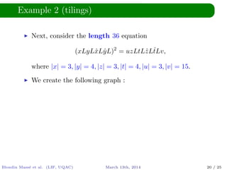 Example 2 (tilings)
Next, consider the length 36 equation
(xLyLˆxLˆyL)2
= uzLtLˆzLˆtLv,
where |x| = 3, |y| = 4, |z| = 3, |t| = 4, |u| = 3, |v| = 15.
We create the following graph :
Blondin Mass´e et al. (LIF, UQAC) March 13th, 2014 20 / 25
 