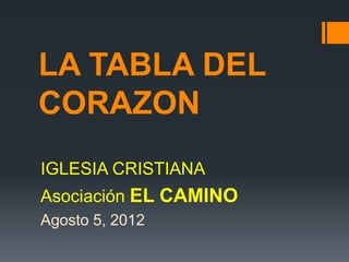 LA TABLA DEL
CORAZON
IGLESIA CRISTIANA
Asociación EL CAMINO
Agosto 5, 2012
 