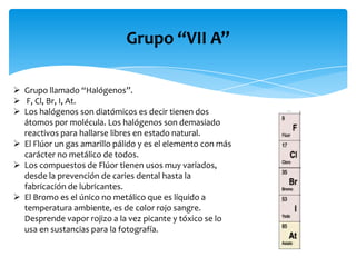 Grupo “VII A”
 Grupo llamado “Halógenos”.
 F, Cl, Br, I, At.
 Los halógenos son diatómicos es decir tienen dos
átomos por molécula. Los halógenos son demasiado
reactivos para hallarse libres en estado natural.
 El Flúor un gas amarillo pálido y es el elemento con más
carácter no metálico de todos.
 Los compuestos de Flúor tienen usos muy variados,
desde la prevención de caries dental hasta la
fabricación de lubricantes.
 El Bromo es el único no metálico que es líquido a
temperatura ambiente, es de color rojo sangre.
Desprende vapor rojizo a la vez picante y tóxico se lo
usa en sustancias para la fotografía.

 