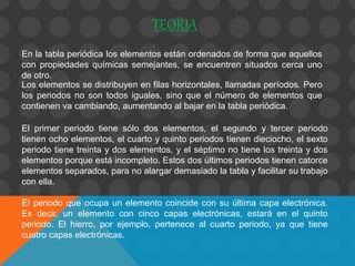 En la tabla periódica los elementos están ordenados de forma que aquellos
con propiedades químicas semejantes, se encuentren situados cerca uno
de otro.
Los elementos se distribuyen en filas horizontales, llamadas períodos. Pero
los periodos no son todos iguales, sino que el número de elementos que
contienen va cambiando, aumentando al bajar en la tabla periódica.
El primer periodo tiene sólo dos elementos, el segundo y tercer periodo
tienen ocho elementos, el cuarto y quinto periodos tienen dieciocho, el sexto
periodo tiene treinta y dos elementos, y el séptimo no tiene los treinta y dos
elementos porque está incompleto. Estos dos últimos periodos tienen catorce
elementos separados, para no alargar demasiado la tabla y facilitar su trabajo
con ella.
El periodo que ocupa un elemento coincide con su última capa electrónica.
Es decir, un elemento con cinco capas electrónicas, estará en el quinto
periodo. El hierro, por ejemplo, pertenece al cuarto periodo, ya que tiene
cuatro capas electrónicas.
TEORIA
 