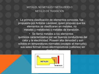 METALES, NO METALES Y METALOIDES O
METALES DE TRANSICIÓN
• La primera clasificación de elementos conocida, fue
propuesta por Antoine Lavoisier, quien propuso que los
elementos se clasificaran en metales, no
metales y metaloides o metales de transición.
• Se llama metales a los elementos
químicos caracterizados por ser buenos conductores del
calor y la electricidad. Poseen alta densidad y son
sólidos en temperaturas normales (excepto el mercurio);
sus sales forman iones electropositivos (cationes) en
disolución.
 