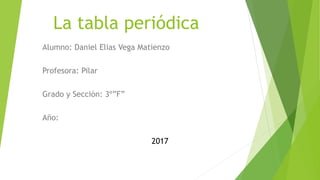 La tabla periódica
Alumno: Daniel Elias Vega Matienzo
Profesora: Pilar
Grado y Sección: 3º”F”
Año:
2017
 