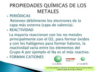  PERIÓDICAS
Retienen débilmente los electrones de la
capa más externa (capa de valencia).
 REACTIVIDAD
La mayoría reaccionan con los no metales
principalmente con el O2, para formar óxidos
y con los halógenos para formar haluros, la
reactividad varía entre los elementos del
Grupo A por ejemplo el Na es el más reactivo.
 FORMAN CATIONES
 