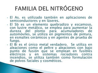 • El As. es utilizado también en aplicaciones de
semiconductores y en láseres.
• El Sb es un elemento quebradizo y escamoso,
con lustre metálico, se emplea para aumentar la
dureza del plomo para acumuladores de
automóviles, se utiliza en pigmentos de pintura,
en esmaltes cerámicos y en agentes de prueba de
fuego.
• El Bi es el único metal verdadero. Se utiliza en
aleaciones como el peltre y aleaciones con bajo
punto de fusión que se emplean en fusibles
eléctricos y en sistemas rociadores contra
incendios, se utiliza también como formulación
de polvos faciales y cosméticos.
 
