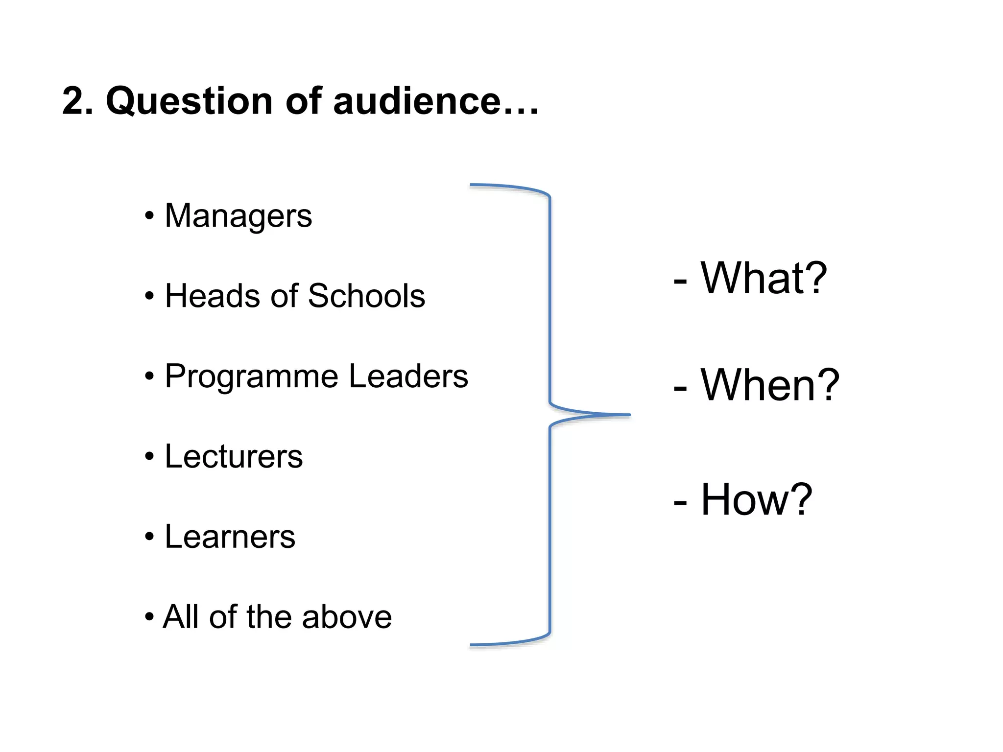• Managers
• Heads of Schools
• Programme Leaders
• Lecturers
• Learners
• All of the above
2. Question of audience…
- What?
- When?
- How?