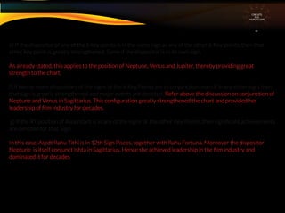 e) If the dispositor of any of the 6 key points is in the same sign as any of the other 6 Key points, then that
other key point is greatly strengthened. Same if the dispositor is in its own sign.
As already stated, this applies to the position of Neptune, Venus and Jupiter, thereby providing great
strength to the chart.
f) If two or more dispositors of the signs of the 6 Key Points are in conjunction, even if in any other sign, then
that sign is greatly strengthened and major events are denoted. Refer above the discussion on conjunction of
Neptune and Venus in Sagittarius. This conﬁguration greatly strengthened the chart and provided her
leadership of ﬁlm industry for decades.
g) If the RT position of Ascendant is in any of the signs of the other Key Points, then signiﬁcant achievements
are denoted for that Sign.
In this case, Ascdt Rahu Tithi is in 12th Sign Pisces, together with Rahu Fortuna. Moreover the dispositor
Neptune is itself conjunct Ishta in Sagittarius. Hence she achieved leadership in the ﬁlm industry and
dominated it for decades
CIRCUITS
INA
HOROSCOPE
 