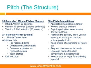 Pitch (The Structure)
30 Seconds- 1 Minute Pitches (Teaser)
• What & Why in 30 seconds
• Value in 10 seconds (tailor to audience)
• Traction & Call to Action (20 seconds)
2-10 Minute Pitches (Details)
• 1 Minute Teaser Intro
Additional Info
• Pre recorded demo
• Competition Matrix details
• Customer experiences
• Financial metrics
• Team profiles
• Call to Action
Elite Pitch Competitions
• Application materials are longer
• Review previous winners
• Exploit application weaknesses-
don’t avoid them
• Highlight the publicity effect you will
have: your story, your traction,
unique product, etc.
• Keep emails of organizers for future
use
• Request blasts on social media
• Leverage names for other
competitions & opportunities
• Keep photos w/ logos for marketing
material
www.Csouffrantntim.com
 