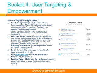 Bucket 4: User Targeting &
Empowerment
Find and Engage the Right Users
1. Use 3 prong strategy - Hubs, Connections,
Communication. Hubs - Find places where target
users aggregate. Connection - Find ways to
establish connections with the
users. Communication - Find most effective
messaging
2. Find your target users on instagram, pinterest,
and twitter- send personalized blurb and link to fit
their needs. Target only ones who will truly use
your app. Target a micro-market.
3. Manually reach out to your competitors’ users
on Twitter / Facebook etc
4. Email the existing users you have asking for
them to refer other people.
5. Use Email Insights To Track Competitors’
Emails and Newsletters
6. Landing Page- “Build and they will come”- place
value proposition on one pager and have users
sign up
www.Csouffrantntim.com
 