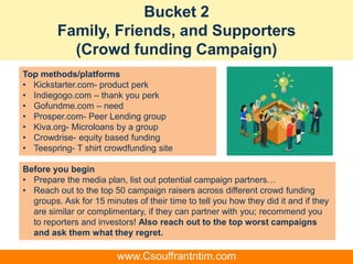 Bucket 2
Family, Friends, and Supporters
(Crowd funding Campaign)
Top methods/platforms
• Kickstarter.com- product perk
• Indiegogo.com – thank you perk
• Gofundme.com – need
• Prosper.com- Peer Lending group
• Kiva.org- Microloans by a group
• Crowdrise- equity based funding
• Teespring- T shirt crowdfunding site
Before you begin
• Prepare the media plan, list out potential campaign partners…
• Reach out to the top 50 campaign raisers across different crowd funding
groups. Ask for 15 minutes of their time to tell you how they did it and if they
are similar or complimentary, if they can partner with you; recommend you
to reporters and investors! Also reach out to the top worst campaigns
and ask them what they regret.
www.Csouffrantntim.com
 