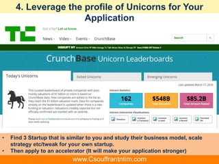 4. Leverage the profile of Unicorns for Your
Application
• Find 3 Startup that is similar to you and study their business model, scale
strategy etc/tweak for your own startup.
• Then apply to an accelerator (It will make your application stronger)
www.Csouffrantntim.com
 