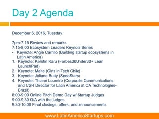 Day 2 Agenda
December 6, 2016, Tuesday
7pm-7:15 Review and remarks
7:15-8:00 Ecosystem Leaders Keynote Series
• Keynote: Angie Carrillo (Building startup ecosystems in
Latin America)
1. Keynote: Kerstin Karu (Forbes30Under30+ Lean
LaunchPad)
2. Keynote: Maite (Girls in Tech Chile)
3. Keynote: Juliane Butty (SeedStars)
4. Keynote: Thiane Loureiro (Corporate Communications
and CSR Director for Latin America at CA Technologies-
Brazil)
8:00-9:00 Online Pitch Demo Day w/ Startup Judges
9:00-9:30 Q/A with the judges
9:30-10:00 Final closings, offers, and announcements
www.LatinAmericaStartups.com
 