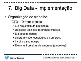 7. Big Data - Implementação 
• Organização de trabalho 
– CTO – Diretor técnico 
• É o arquitecto da big picture 
• Decisões técnicas de grande impacto 
• É a cola da equipa 
• Lidera a visão tecnológica da empresa 
• Inspira a sua equipe 
• Eleva as fronteiras da empresa (parceiros) 
@ricardoparro LATAM Insurance Tech Summit 2014 
 