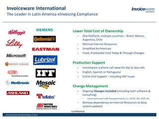 INVOICEWARE INTERNATIONAL © 2013
Confidential
Invoiceware International
The Leader in Latin America eInvoicing Compliance
Lower Total Cost of Ownership
• One Platform, multiple countries – Brazil, Mexico,
Argentina, Chile
• Minimal Internal Resources
• Simplified Architecture
• Fixed, Predictable Cost Today & Through Changes
Production Support
• Invoiceware a phone call away for day to day calls
• English, Spanish or Portuguese
• End to End Support – including SAP issues
Change Management
• Ongoing Changes Included (including both software &
consulting)
• Local teams work with the governments (i.e. SEFAZ, SAT, AFIP, SII)
• Remove dependency on Internal Resources to keep
system updated
 
