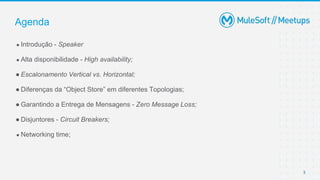3
● Introdução - Speaker
● Alta disponibilidade - High availability;
● Escalonamento Vertical vs. Horizontal;
● Diferenças da “Object Store” em diferentes Topologias;
● Garantindo a Entrega de Mensagens - Zero Message Loss;
● Disjuntores - Circuit Breakers;
● Networking time;
Agenda
 