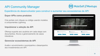 API Community Manager
39
Experiência do desenvolvedor para construir e aumentar seu ecossistemas de API
Espor APIs como produtos
Crie portais com cliques ou código usando modelos
e componentes Lightning
Impulsionar a adoção da API
Ofereça suporte aos usuários em cada etapa com
documentos, fóruns e gerenciamento de casos
interativos
Gerenciar ecossistemas de API
Avalie o envolvimento e acompanhe o desempenho
dos investimentos em API
 