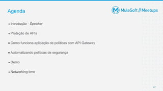 47
● Introdução - Speaker
● Proteção de APIs
● Como funciona aplicação de políticas com API Gateway
● Automatizando políticas de segurança
● Demo
● Networking time
Agenda
 