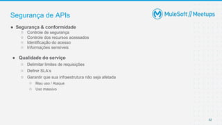 52
● Segurança & conformidade
○ Controle de segurança
○ Controle dos recursos acessados
○ Identificação do acesso
○ Informações sensíveis
● Qualidade do serviço
○ Delimitar limites de requisições
○ Definir SLA’s
○ Garantir que sua infraestrutura não seja afetada
○ Mau uso / Ataque
○ Uso massivo
Segurança de APIs
 