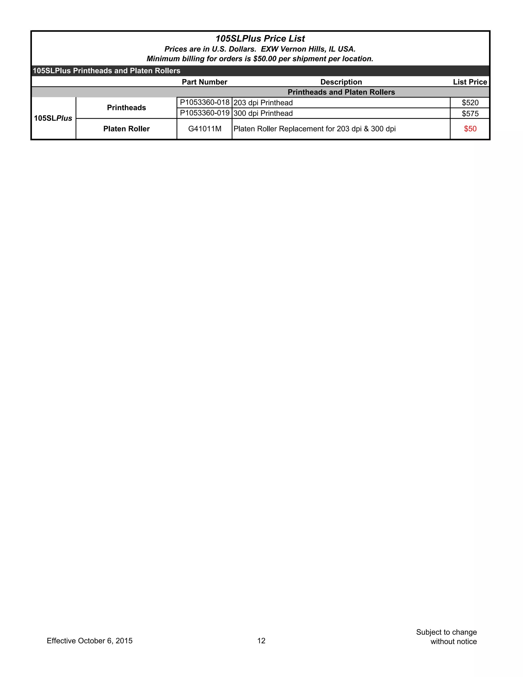 Description List Price
Printheads and Platen Rollers
203 dpi Printhead $520
300 dpi Printhead $575
$50
105SLPlus Price List
Prices are in U.S. Dollars. EXW Vernon Hills, IL USA.
Minimum billing for orders is $50.00 per shipment per location.
105SLPlus Printheads and Platen Rollers
Part Number
105SLPlus
Printheads
P1053360-018
P1053360-019
Platen Roller G41011M Platen Roller Replacement for 203 dpi & 300 dpi
Effective October 6, 2015 12
Subject to change
without notice
 