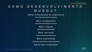 ? 2017, Amazon Web Services, Inc. or its Affiliates. All rights reserved.
C O M O D E S E N V O L V I M E N T O
M U D O U ?
Mais mobilidade
Mais colaborativo
Mais servi?os
Maior conscincia de seguran?a
QA & Ops integrados
Mais lnguas
 