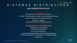 ? 2017, Amazon Web Services, Inc. or its Affiliates. All rights reserved.
S I S T E M A S D I S T R I B U  D O S
Throttling
Tentar novamente com recuo exponencial
Falhar rpido
Trabalho constante
Circuit Breakers
Comportamento bimodal e estabilidade
esttica
Utilizar tokens idempotentes
MELHORES PR?TICAS
 