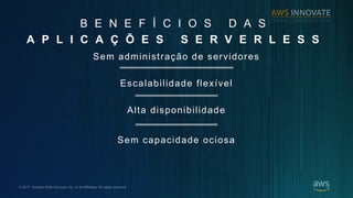 ? 2017, Amazon Web Services, Inc. or its Affiliates. All rights reserved.
B E N E F ? C I O S D A S
A P L I C A ? ? E S S E R V E R L E S S
Sem administra??o de servidores
Escalabilidade flexvel
Alta disponibilidade
Sem capacidade ociosa
 