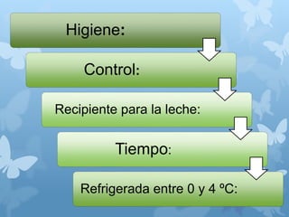Higiene:
Control:
Recipiente para la leche:
Tiempo:
Refrigerada entre 0 y 4 ºC:
 