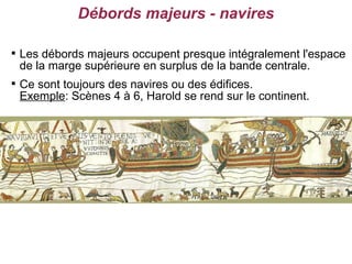 Débords majeurs - navires


    Les débords majeurs occupent presque intégralement l'espace
    de la marge supérieure en surplus de la bande centrale.

    Ce sont toujours des navires ou des édifices.
    Exemple: Scènes 4 à 6, Harold se rend sur le continent.
 