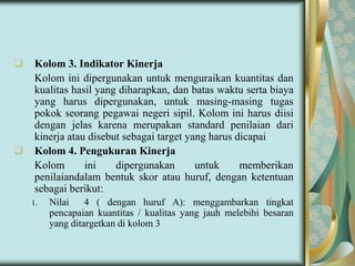 



Kolom 3. Indikator Kinerja
Kolom ini dipergunakan untuk menguraikan kuantitas dan
kualitas hasil yang diharapkan, dan batas waktu serta biaya
yang harus dipergunakan, untuk masing-masing tugas
pokok seorang pegawai negeri sipil. Kolom ini harus diisi
dengan jelas karena merupakan standard penilaian dari
kinerja atau disebut sebagai target yang harus dicapai
Kolom 4. Pengukuran Kinerja
Kolom
ini
dipergunakan
untuk
memberikan
penilaiandalam bentuk skor atau huruf, dengan ketentuan
sebagai berikut:
1.

Nilai
4 ( dengan huruf A): menggambarkan tingkat
pencapaian kuantitas / kualitas yang jauh melebihi besaran
yang ditargetkan di kolom 3

 