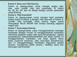 





Kolom 5. Rata-rata Nilai Kinerja
Kolom ini dipergunakan untuk mengisi angka ratarata, yaitu jumlah nilai dari parameter di kolom
4a, 4b, 4c, 4d, dan 4e dibagi dengan jumlah parameter
yang dihitung
Kolom 6. Nilai Kumulatif
Kolom ini dipergunakan untuk mengisi hasil perkalian
antara bobot di kolom 2 dengan nilai rata-rata di kolom 5.
Jumlah nilai kumulatif untuk semua tugas pokok
merupakan NILAI AKHIR dari kinerja seorang pegawai
negeri sipil
Kolom 7. Keterangan Kinerja
Kolom ini dipergunakan untuk menggambarkan berbagai
hambatan dengan rincian 7a menggambarkan hambatan
individual pegawai negeri sipil yang bersangkutan, seperti
pengetahuan, keterampilan/keahlian dan sikap mental; 7b
menggambarkan hambatan unit kerja seperti rekan
kerja, supervisi pimpinan, atau dukungan bawahannya;
dan 7c menggambarkan hambatan organisasi seperti
struktur, manajemen SDM, sarana / fasilitas, dana dan
dukungan administratif.

 