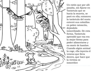 Un ratón que por allí 
pasaba, sin fijarse en 
Tarántula que se 
hacía la muerta, se 
paró en ella; entonces 
la tarántula...