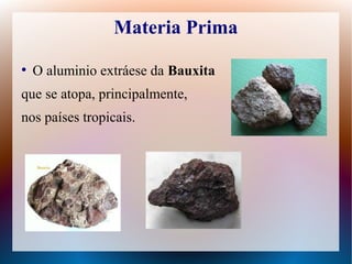 Materia Prima
●
O aluminio extráese da Bauxita
que se atopa, principalmente,
nos países tropicais.
 