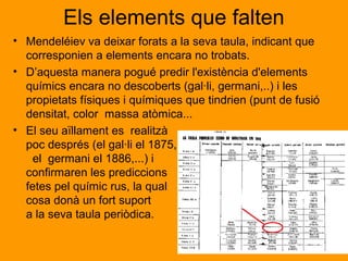 Els elements que falten 
• Mendeléiev va deixar forats a la seva taula, indicant que 
corresponien a elements encara no trobats. 
• D’aquesta manera pogué predir l'existència d'elements 
químics encara no descoberts (gal·li, germani,..) i les 
propietats físiques i químiques que tindrien (punt de fusió 
densitat, color massa atòmica... 
• El seu aïllament es realitzà 
poc després (el gal·li el 1875, 
el germani el 1886,...) i 
confirmaren les prediccions 
fetes pel químic rus, la qual 
cosa donà un fort suport 
a la seva taula periòdica. 
 