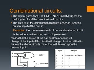 Combinational circuits:
 The logical gates (AND, OR, NOT, NAND and NOR) are the
building blocks of the combinational circuits.
 The outputs of the combinational circuits depends upon the
present input of the circuit.
Examples: the common example of the combinational circuit
is the adders, subtractors, and multiplexers etc.
means that the output of the half subtractor circuit will
change, if the input of the circuit will change. its cleared that in
the combinational circuits the output will depend upon the
present input.
 